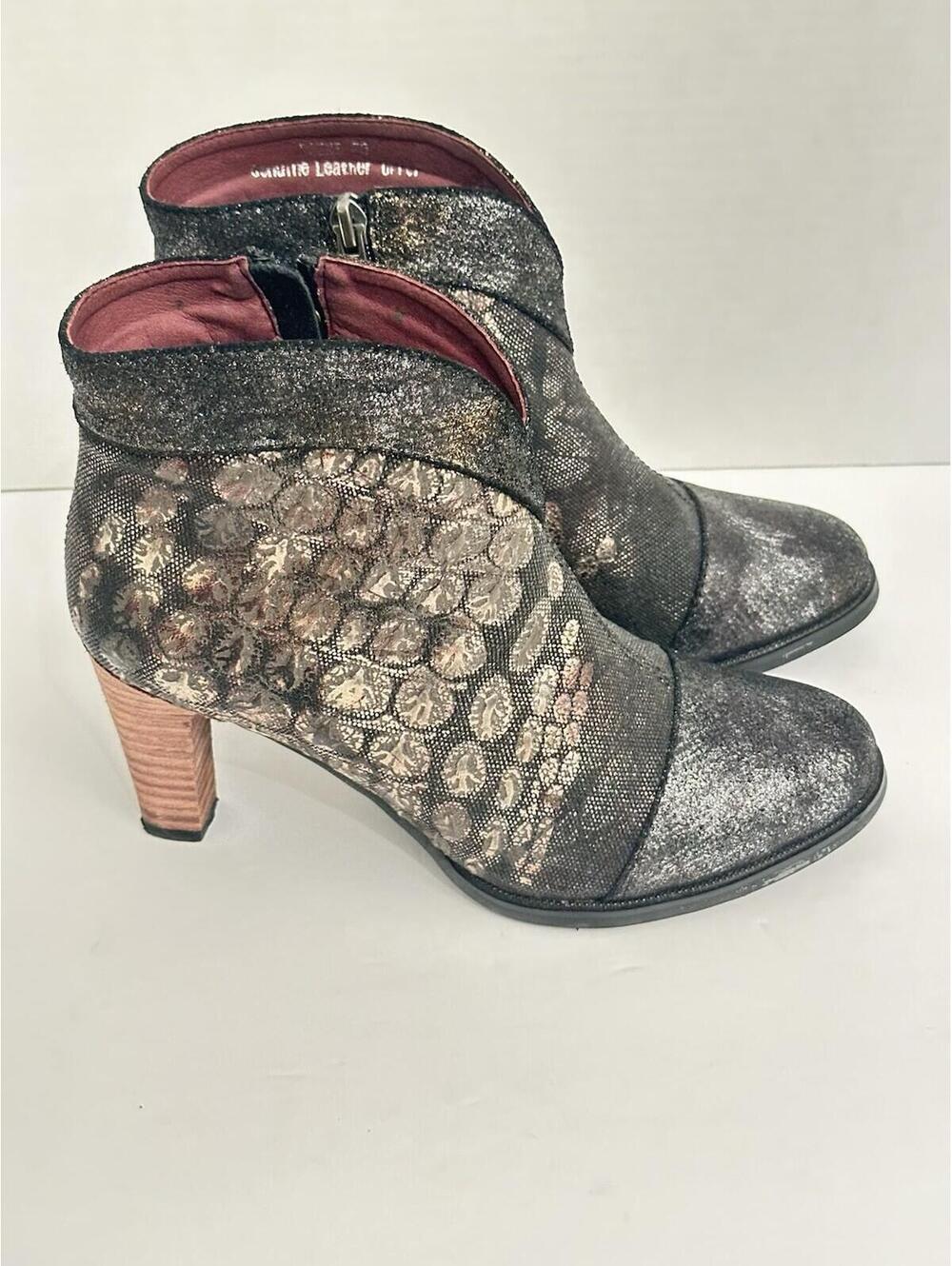 L'Artiste Spring Step Eleni Metallic Bronze Black Leather Ankle Boots 38 US 8